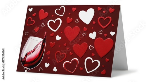 Valentines day card with red and white hearts on a dark red background standing on a white surface