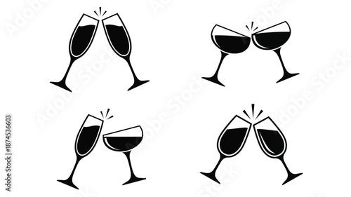 Black and white illustration of celebratory wine glasses toasting and cheering