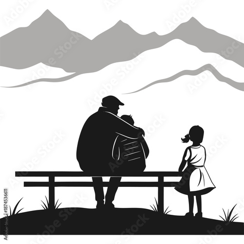 Silhouette of elderly couple on bench with mountain background