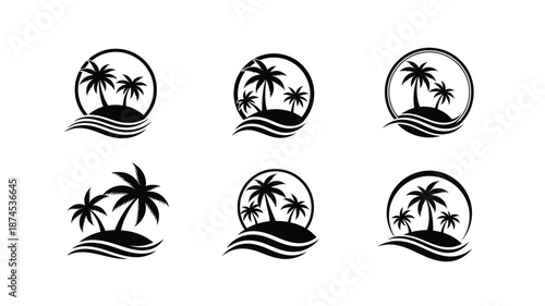 Tropical island silhouettes with palm trees and ocean waves in circular designs