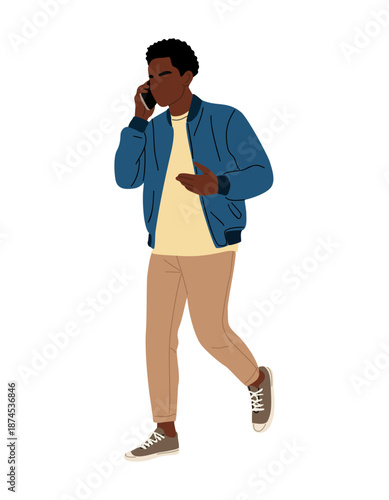 Flat minimalist illustration of a young Black man walking and talking on a smartphone, modern casual outfit, clean lines, transparent background.