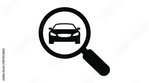A black and white illustration of a car within a magnifying glass
