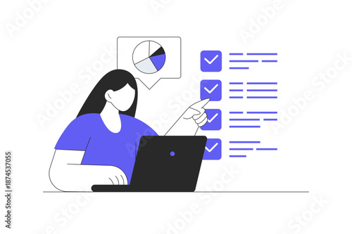 Time management. Woman planning job with tasks schedule, organizing productivity workflow and doing tasks to deadline. Flat Cartoon Vector Illustration, icon Stylish abstract design landing page web