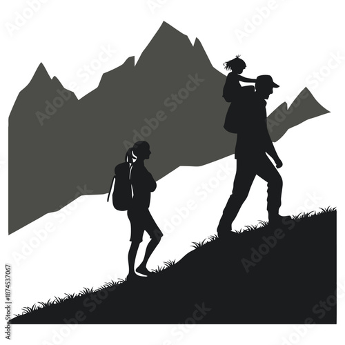 Silhouette hikers conquering mountain peak