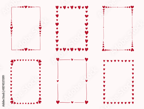 Set vertical frames with hand drawn red hearts. Flat vector illustration. Trendy design for card, poster, invitation, label for Valentines day, wedding, declaration of love