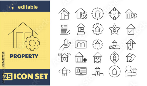 This is a collection of 25 editable property icons, perfect for real estate and design projects. The icons feature simple, modern line art and are available in a range of colors. They can be used to r