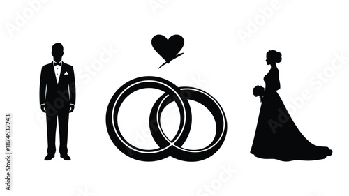 Silhouette of a wedding couple with rings and a heart above them