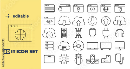 This is a collection of 30 editable IT icons, perfect for use in technology and computing-related projects. The icons are designed in a simple, line-art style and cover a range of topics, including cl