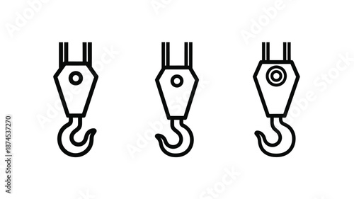 Three simple black and white line drawing illustrations of industrial hooks