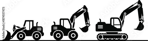 Wheel loader, a backhoe loader, and a tracked excavator heavy construction equipment vector icon set