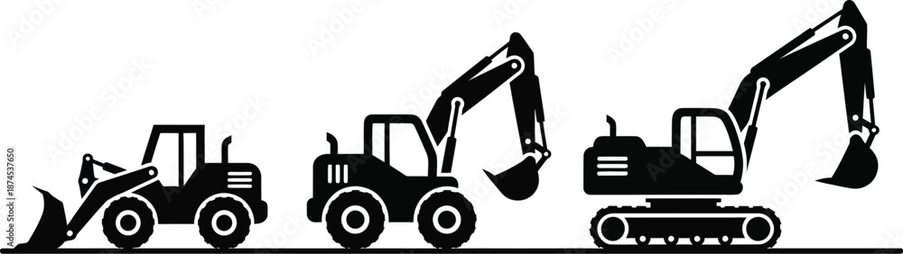 Naklejka premium Wheel loader, a backhoe loader, and a tracked excavator heavy construction equipment vector icon set