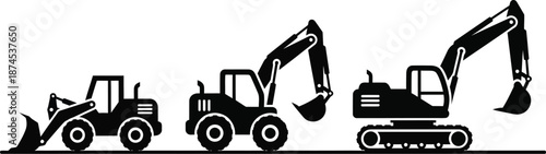 Wheel loader, a backhoe loader, and a tracked excavator heavy construction equipment vector icon set