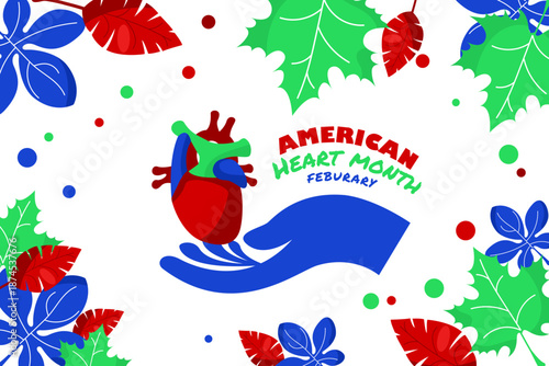 February is American Heart Month Vector Illustration Featuring a USA Flag and Red Heart Symbol for Health Awareness in a Flat Style Cartoon Background