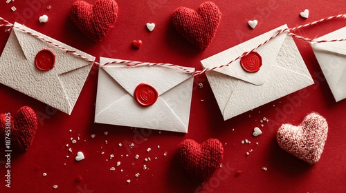 love letters with red hearts on red background, romantic envelopes for valentine message