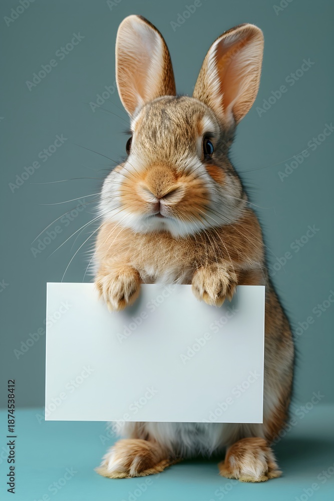 Obraz premium Young rabbit holding white blank placard. Easter bunny with empty board for design or greeting card. Cute baby animal message template.