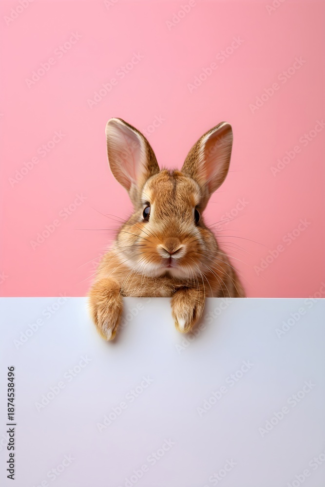 Obraz premium Young rabbit with big white blank placard on pink background. Easter greeting card with copy space for celebration message.