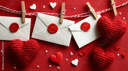 romantic envelopes with knitted hearts on red background, valentine love message concept