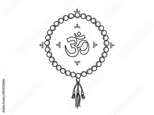 Black line drawing of a beaded necklace with om symbol