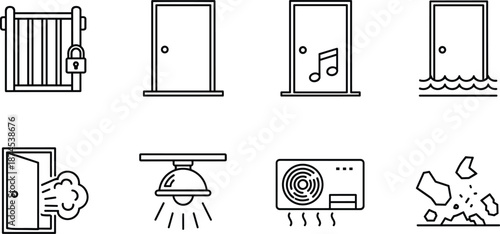Set of Home Security and Disaster Icons Including Locked Gate Flood Damage Open Door Smoke Sensor Lighting and Air Conditioning Systems