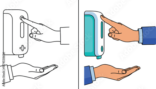 Vector illustration of hands using wall mounted sanitizer dispenser in black outline and color styles isolated on white background for medical hygiene concept.