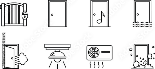 Set of Home Insurance and Disaster Line Icons Including Locked Gate, Flooded Door, Smoke Alarm, Lighting, Air Conditioning, and House Ruins