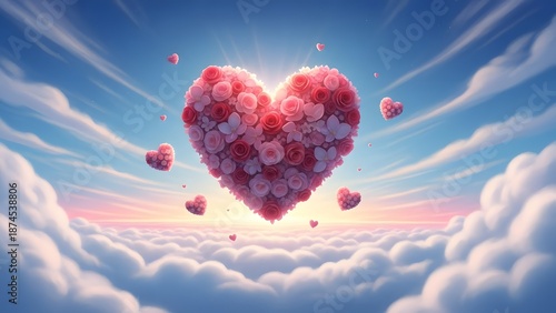 Valentines day heart above clouds with floating hearts