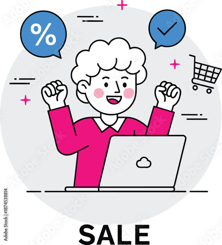 Vector illustration of happy customer shopping online on laptop finding big sale discount with shopping cart and percentage icons isolated on white background.