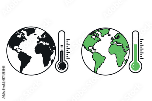 Earth climate change concept with green and black continents and thermometers