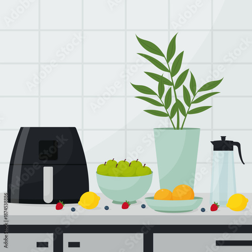 Modern kitchen counter with air fryer healthy food fruits and houseplant in flat style illustration.
