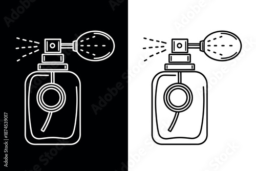 Black and white line art perfume bottle illustrations with spray