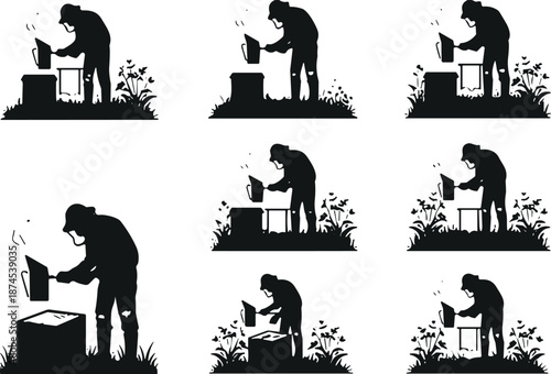 Black Silhouettes of Beekeepers Working with Beehives and Smokers in a Garden Isolated on White Background for Honey Production, Apiculture