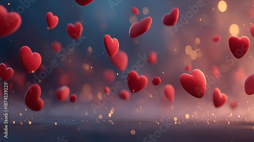 floating red hearts with soft bokeh lights, romantic love background concept