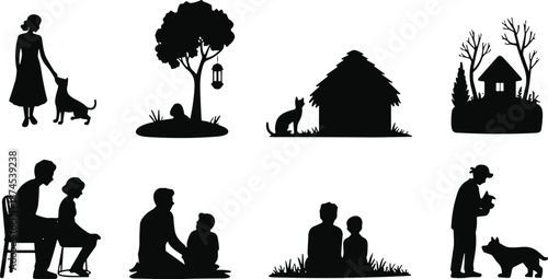 Black Silhouettes of Family Life Including Mother with Dog Father and Son Small Rural House and Person Feeding Pet Isolated on White Background for Domestic Life