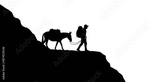 Silhouette of a Traveler with Backpack Leading a Donkey on a Mountain Ridge