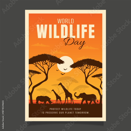 World Wildlife Day poster with african safari animals silhouettes elephant giraffe and rhino at sunset.