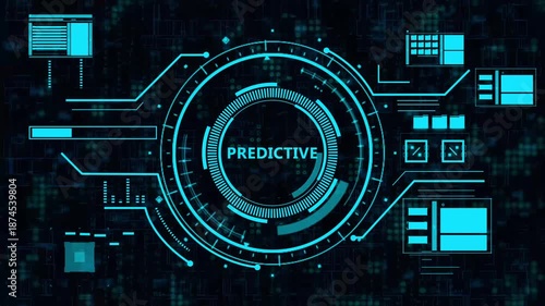 Futuristic green digital hud interface with predictive data analysis and glowing circular motion graphics.