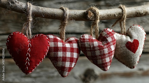 hanging fabric hearts on rustic wooden background, handmade romantic decoration
