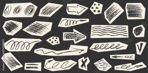 Crayon charcoal pencil hand drawing curly lines, splash, squiggles and shapes. Black elements on collage white cut paper. Grunge chalk crayon scribbles doodles textures. Rough crayon strokes.