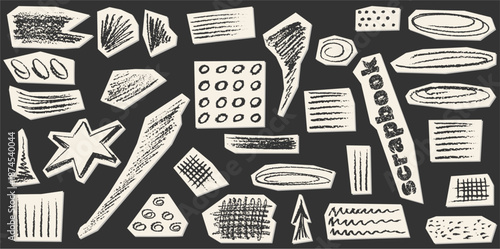 Crayon charcoal pencil hand drawing curly lines, splash, squiggles and shapes. Black elements on collage white cut paper. Grunge chalk crayon scribbles doodles textures. Rough crayon strokes.