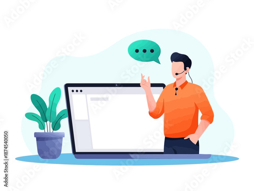 Man standing next to a large laptop computer with a speech bubble