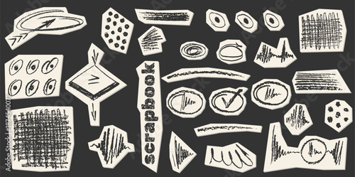 Crayon charcoal pencil hand drawing curly lines, splash, squiggles and shapes. Black elements on collage white cut paper. Grunge chalk crayon scribbles doodles textures. Rough crayon strokes.