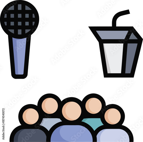 A group of stylized people icons sits below a microphone and a takeout food container representing an event.