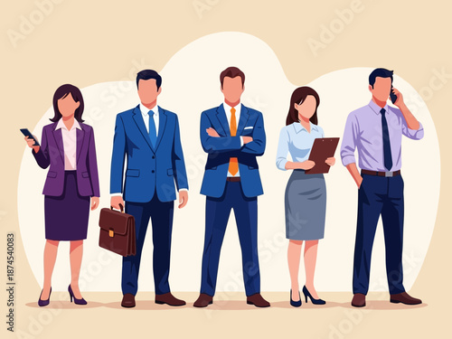 Group of business professionals standing together in a line with various expressions