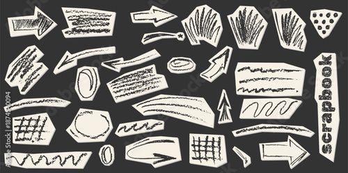 Crayon charcoal pencil hand drawing curly lines, splash, squiggles and shapes. Black elements on collage white cut paper. Grunge chalk crayon scribbles doodles textures. Rough crayon strokes.