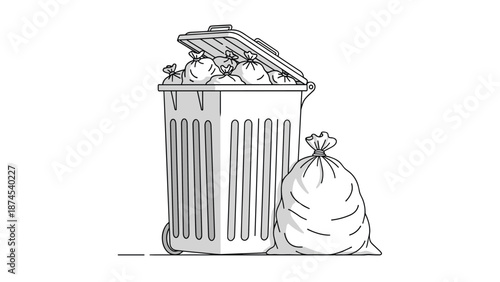 Line drawing of a large outdoor trash bin overflowing with garbage bags next to another full bag on the ground ready for collection.
