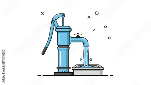 Classic blue manual hand water pump illustrated with water flowing out into a trough against a white background with simple shapes.