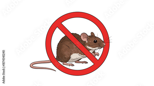Prohibition sign with a red circle and slash over a brown mouse to indicate pest control services and rodent prevention areas.