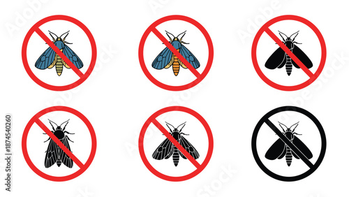 Collection of six prohibition signs with red circles and slashes over different moth illustrations for pest control and clothing protection.