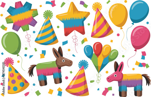 Fiesta party elements including bright piñatas, striped and polka-dotted conical hats, balloons, and falling confetti are.