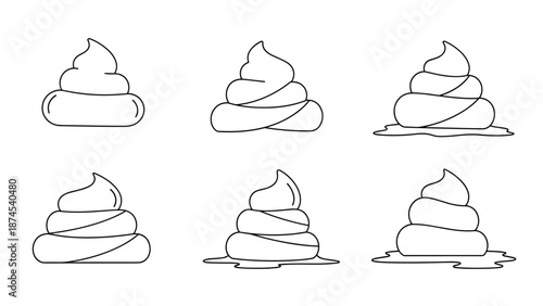 Collection of simple black and white line drawings representing soft serve ice cream or poop shapes in different variations.